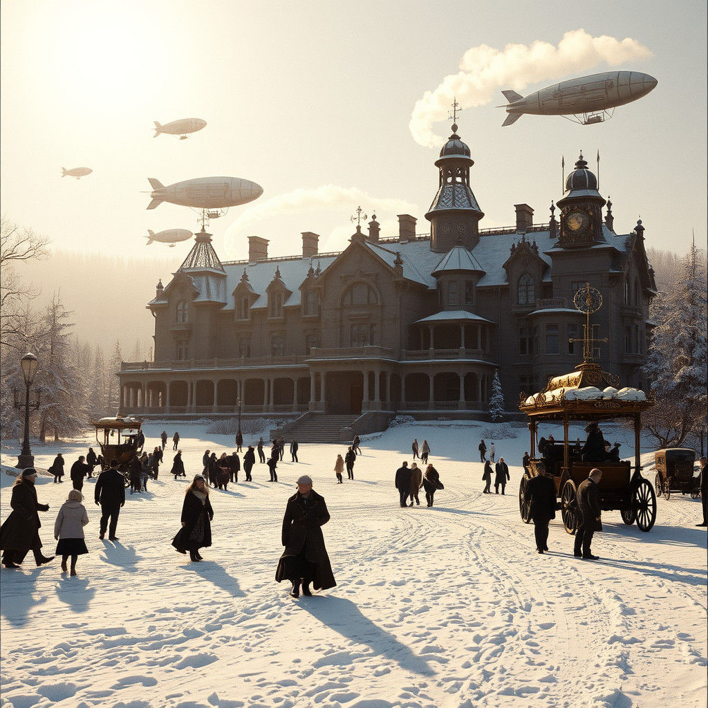 Steampunk Mansion in Winter: A Cinematic Vision