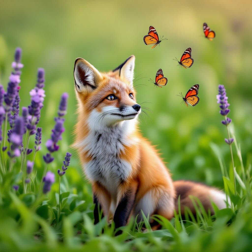 Fox Playing with Butterflies in Lavender Field