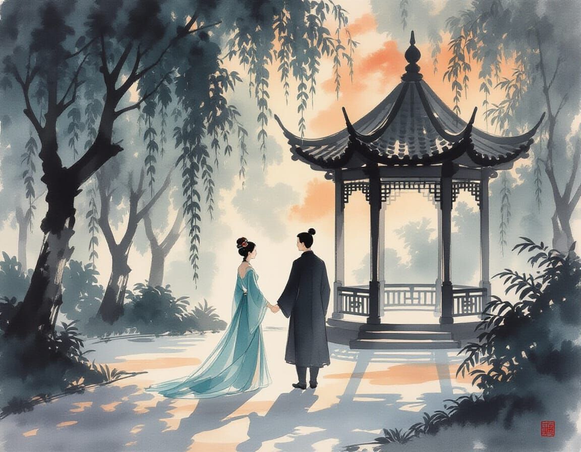 Chinese Ink Painting of Couple in Park Gazebo