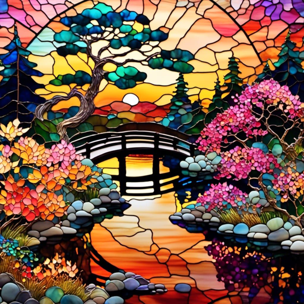 Sunset Japanese Garden in Stained Glass Style