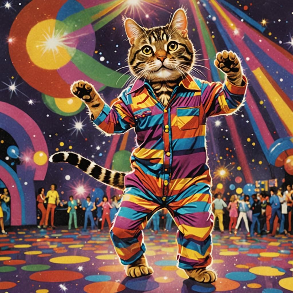 Tabby Cat Disco Dancer in 1970s Jumpsuit