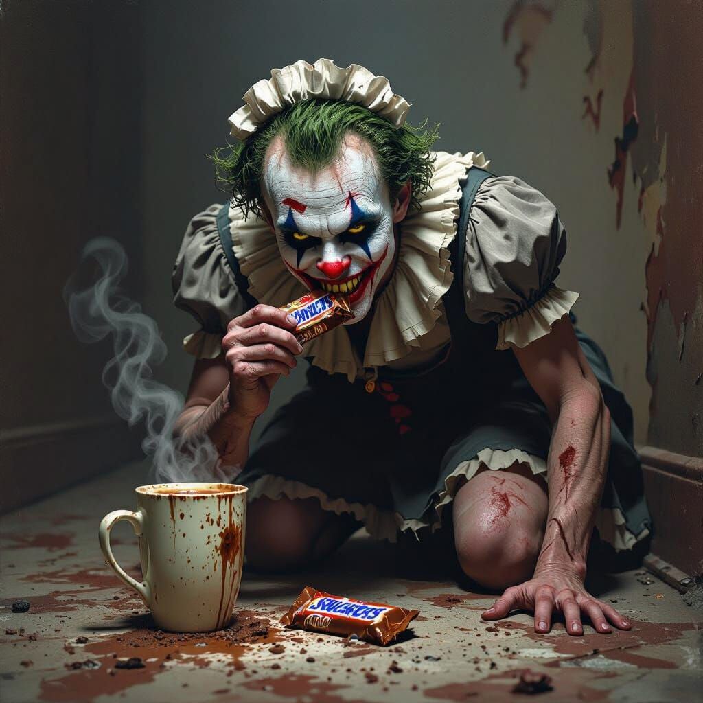 Man in Maid Costume with Joker Makeup in Grimdark Art
