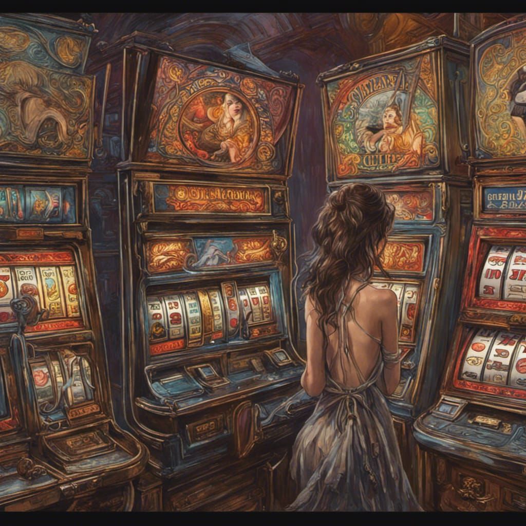 Brunette Enters Slot Machine, Horror Engraving Style