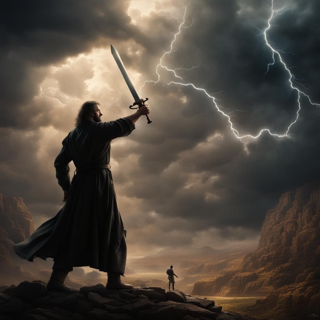 Epic Sword Fight: Shadow vs. Bible in Digital Art