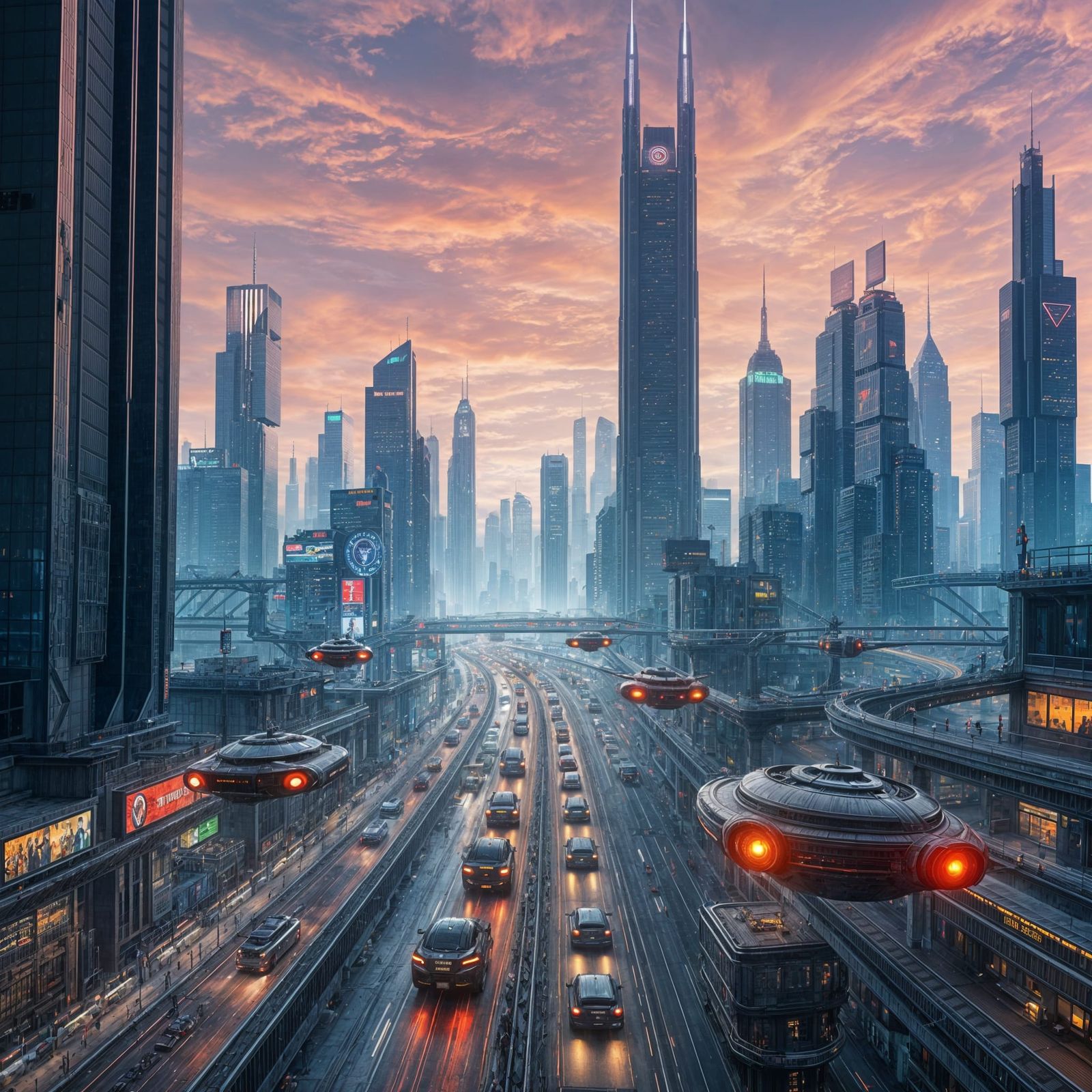 Futuristic Sci-Fi Cityscape with Hovercrafts