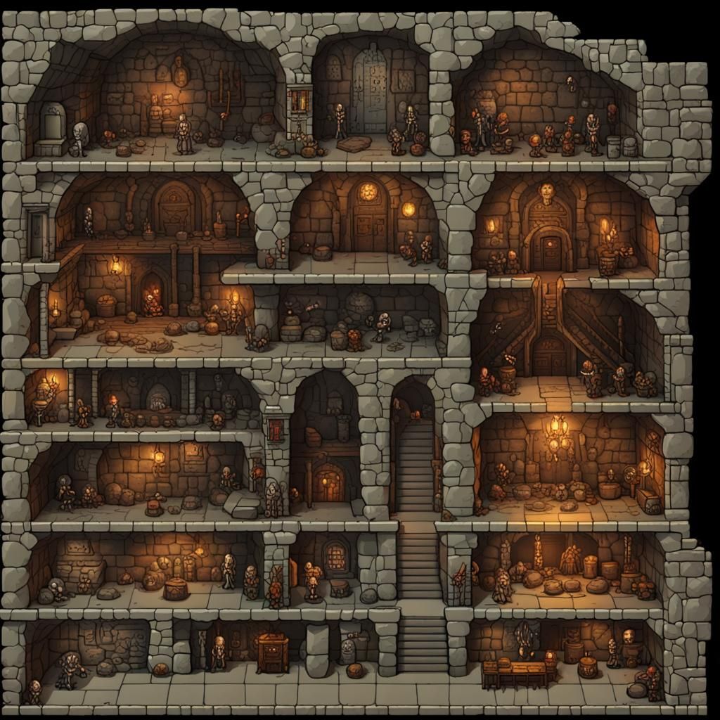 Detailed Side-View Dungeon With Monsters and Traps