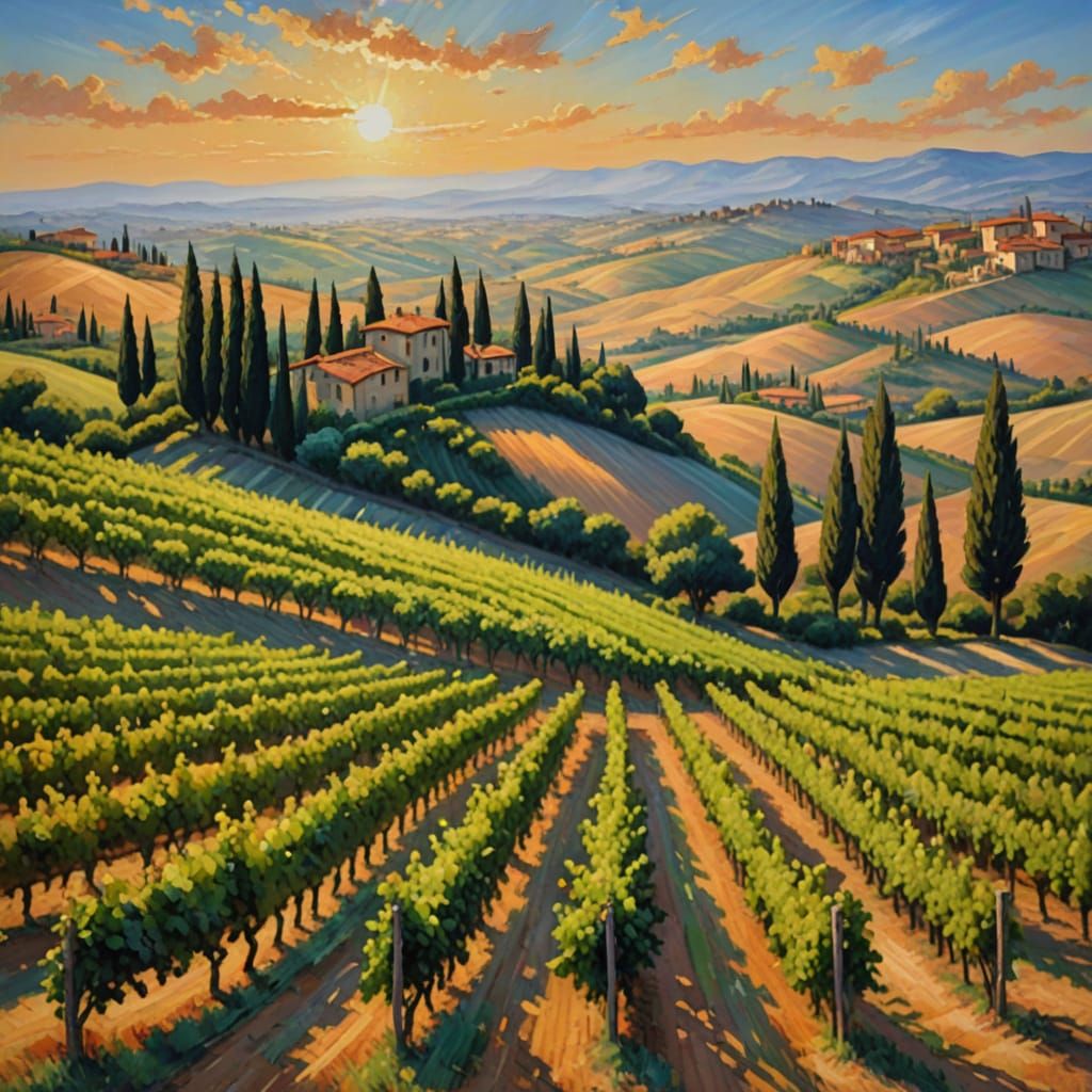 Tuscan Vineyard in Soft Focus, Impressionist Oil Painting