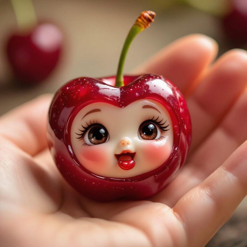 Macro Cherry with Kawaii Face Rests in Palm