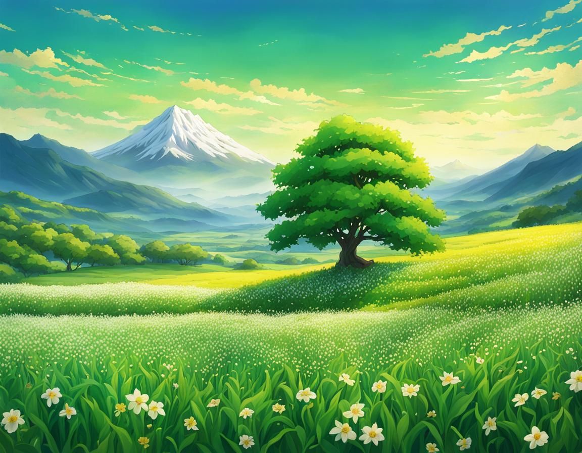 Willow Tree in Anime Style Flower Field