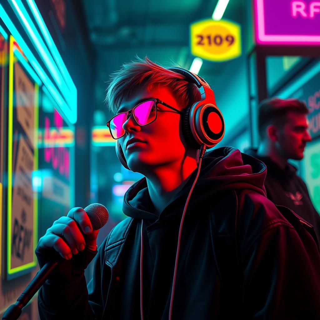 Cyberpunk Character Enjoys Reggae in Neon Cityscape
