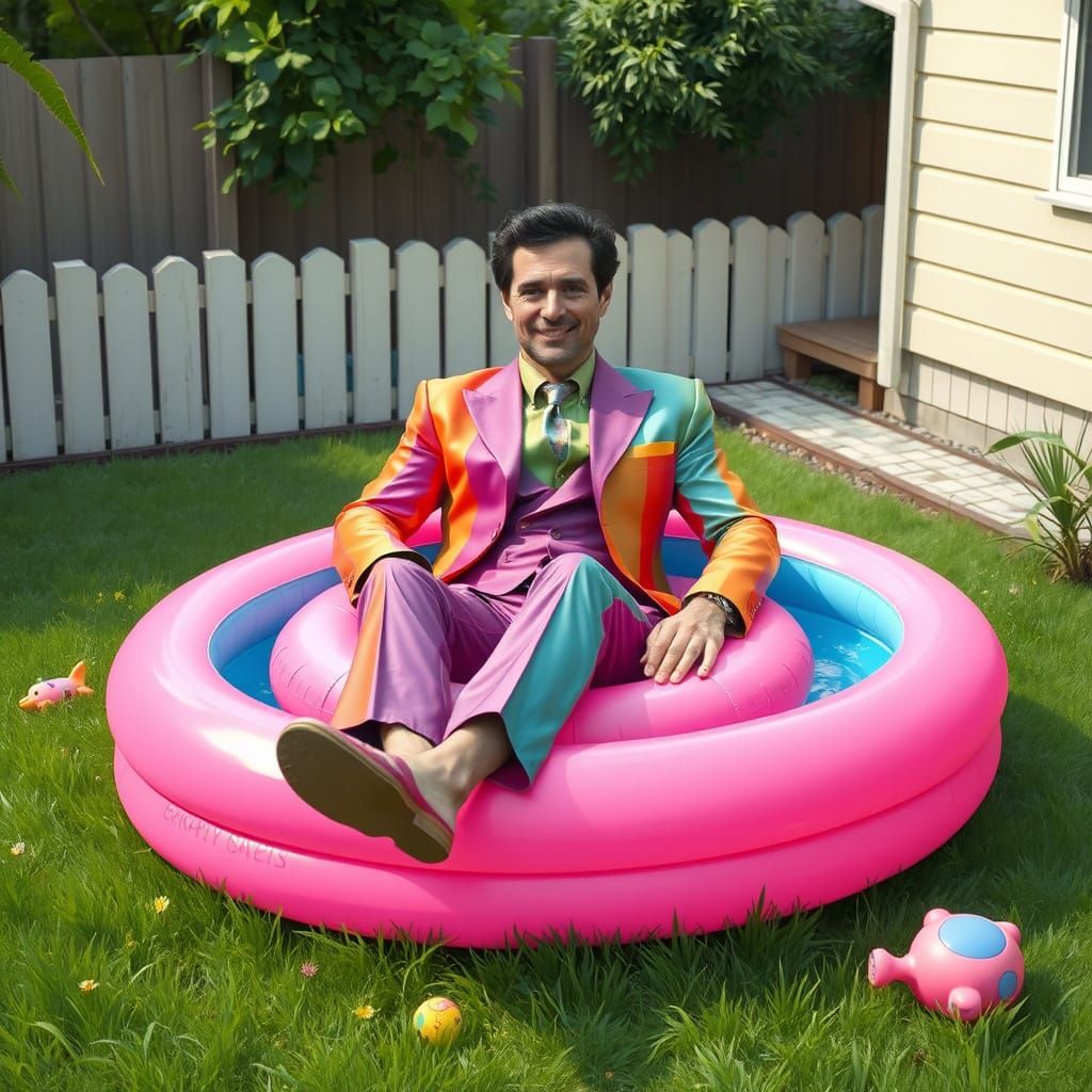 Man in Colorful Suit Lounges on Pool Float in Serene Backyar...