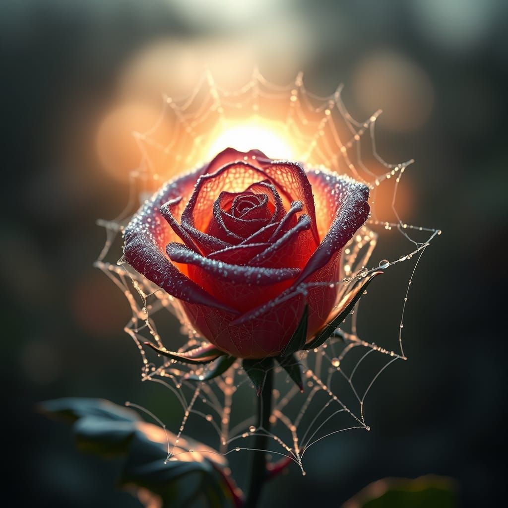 Wilting Spiderweb Rose Glistening with Dew