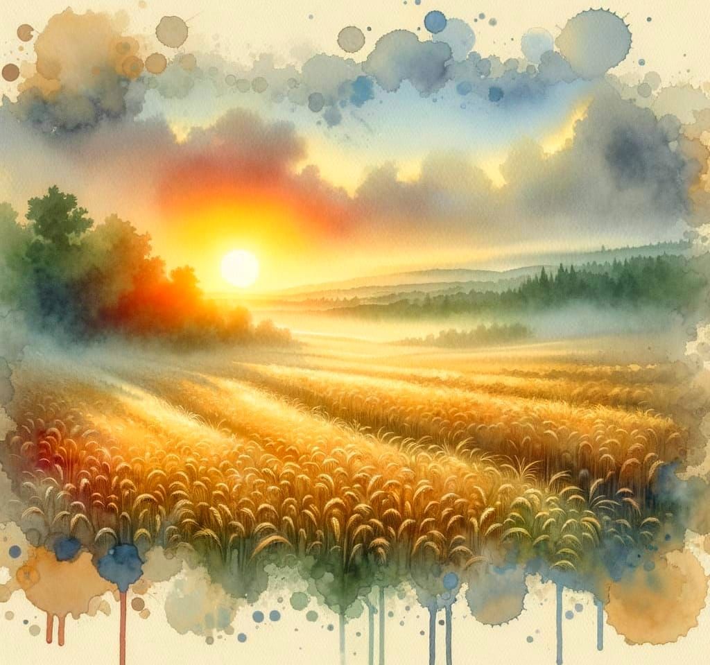 Impressionistic Sunrise Over Golden Wheat Field