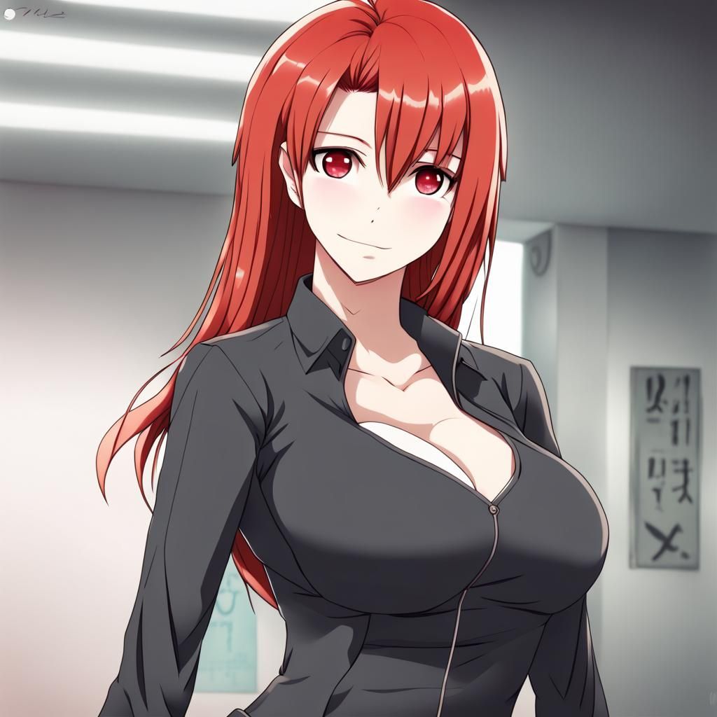 Anime Girl with Red Hair and Skintight Outfit