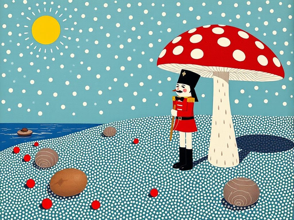 Surreal Mushroom Beach Scene with Nutcracker