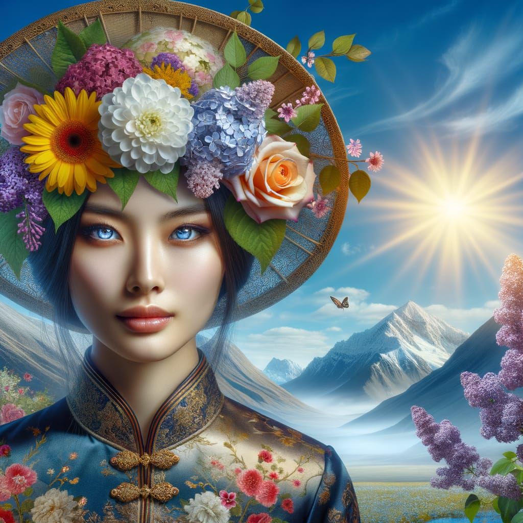 Asian Woman with Blue Eyes and Floral Hat
