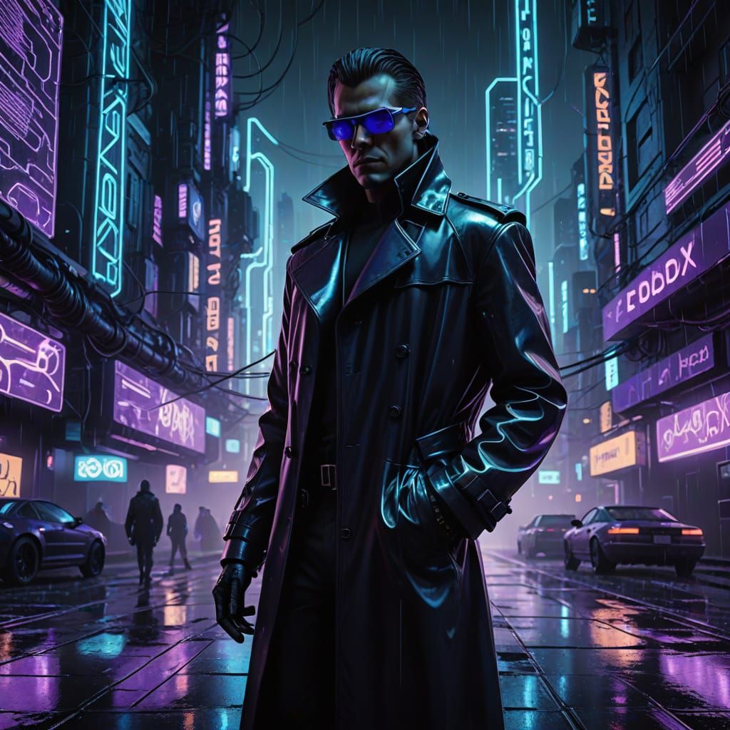 Cyberpunk Hacker in Neon-Lit Cityscape