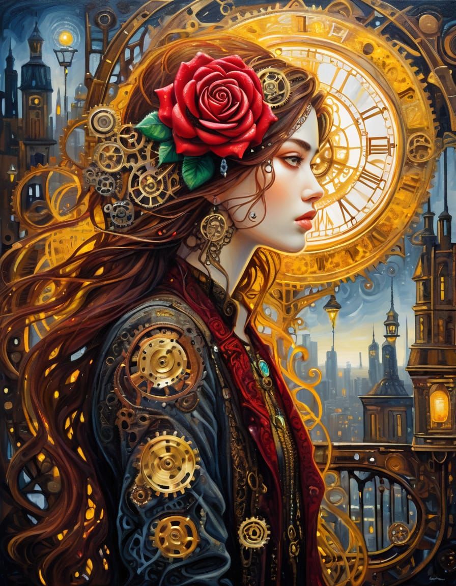 Steampunk Rose Oil Painting with Cityscape