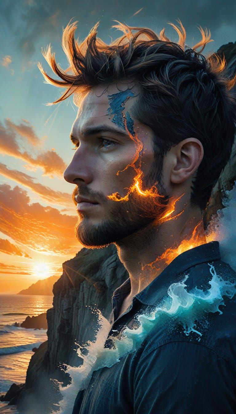 Ethereal Sunset Portrait on Windswept Cliff