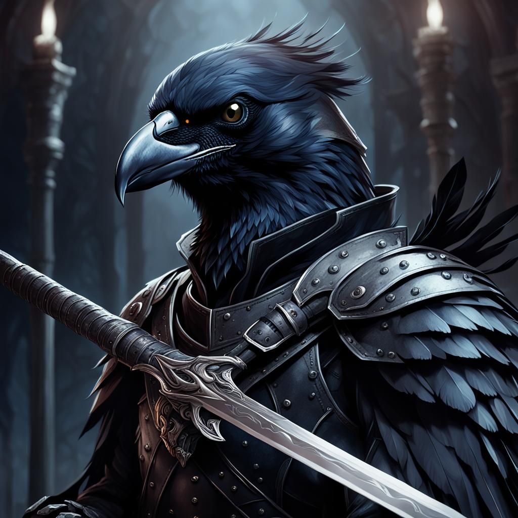 Crow-Humanoid Inquisitor with Curved Sword: Dark Fantasy Art