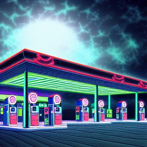 Creepy Abandoned Gas Station at Night in Anime Style