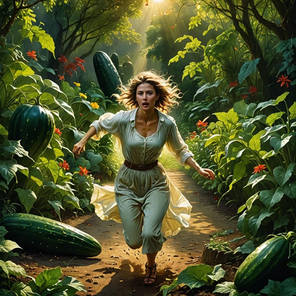 Woman Escaping Evil Cucumber in Hyperrealistic Garden