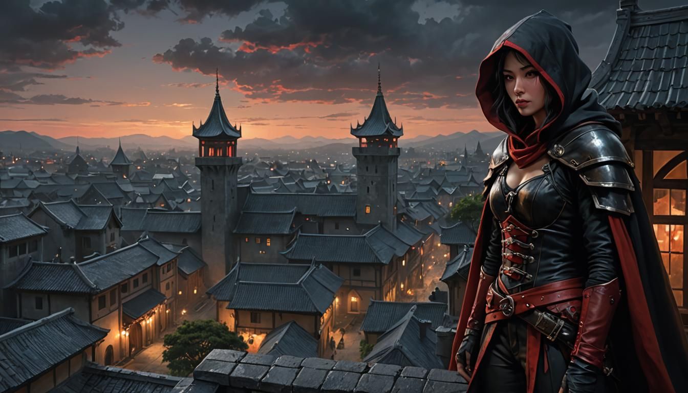 Japanese Assassin on Citadel Roof in Hyperrealism Style