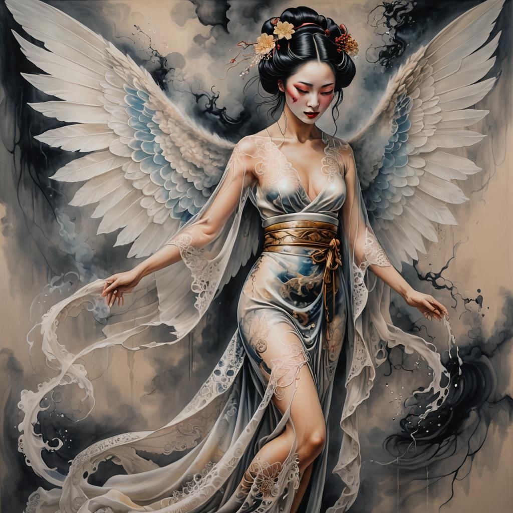 Geisha with Angel Wings in Surreal Watercolor