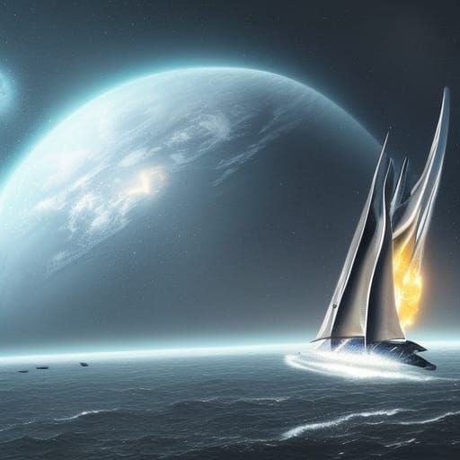 Sailboat Spaceship Glides Through Space: Digital Matte Paint...