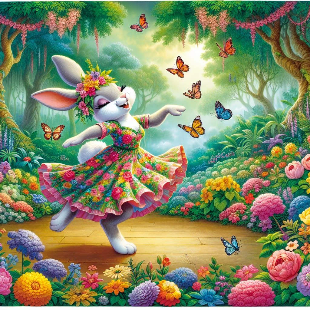 Rabbit in Flowered Dress Dancing in Garden