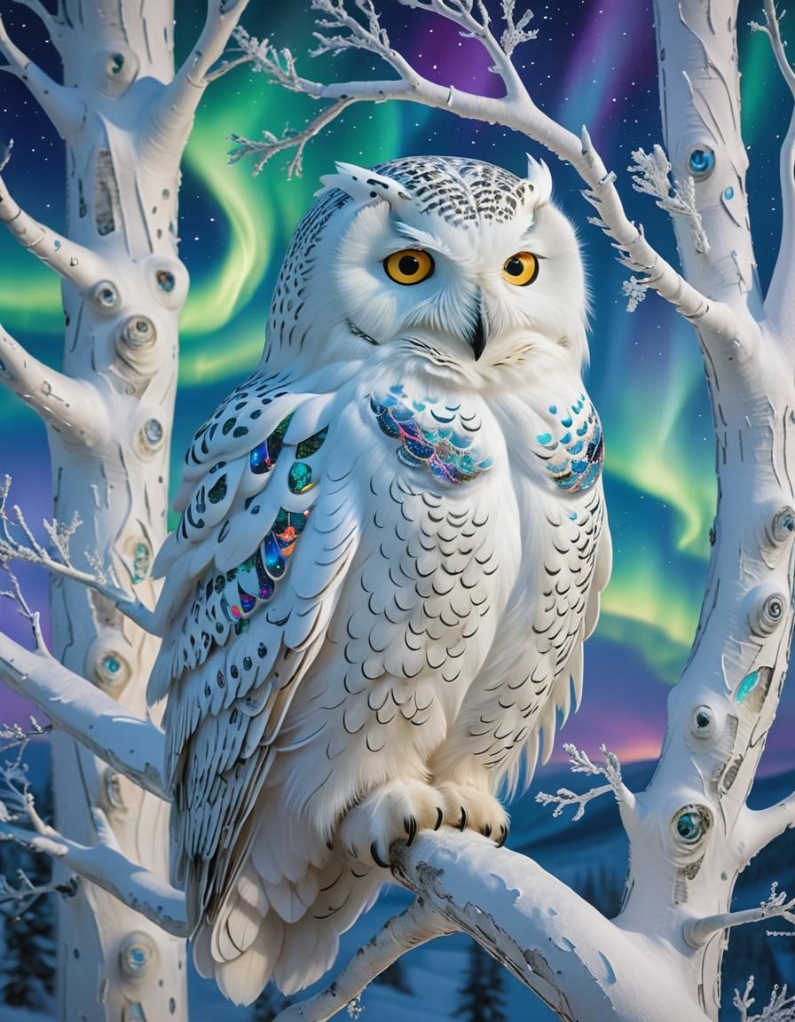 Snowy Owl in Aurora Borealis, Photorealistic Style