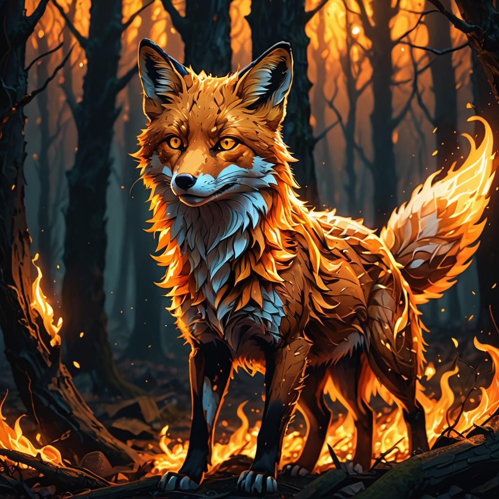 Flaming Fox in Dark Forest: Anime-Inspired Digital Art