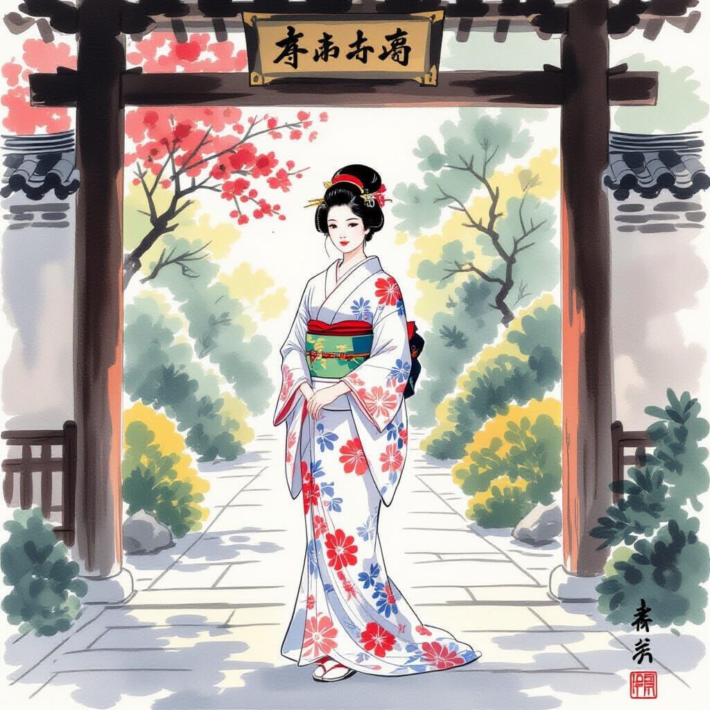 Elegant Woman at Camellia Gate in Sumi-e Style