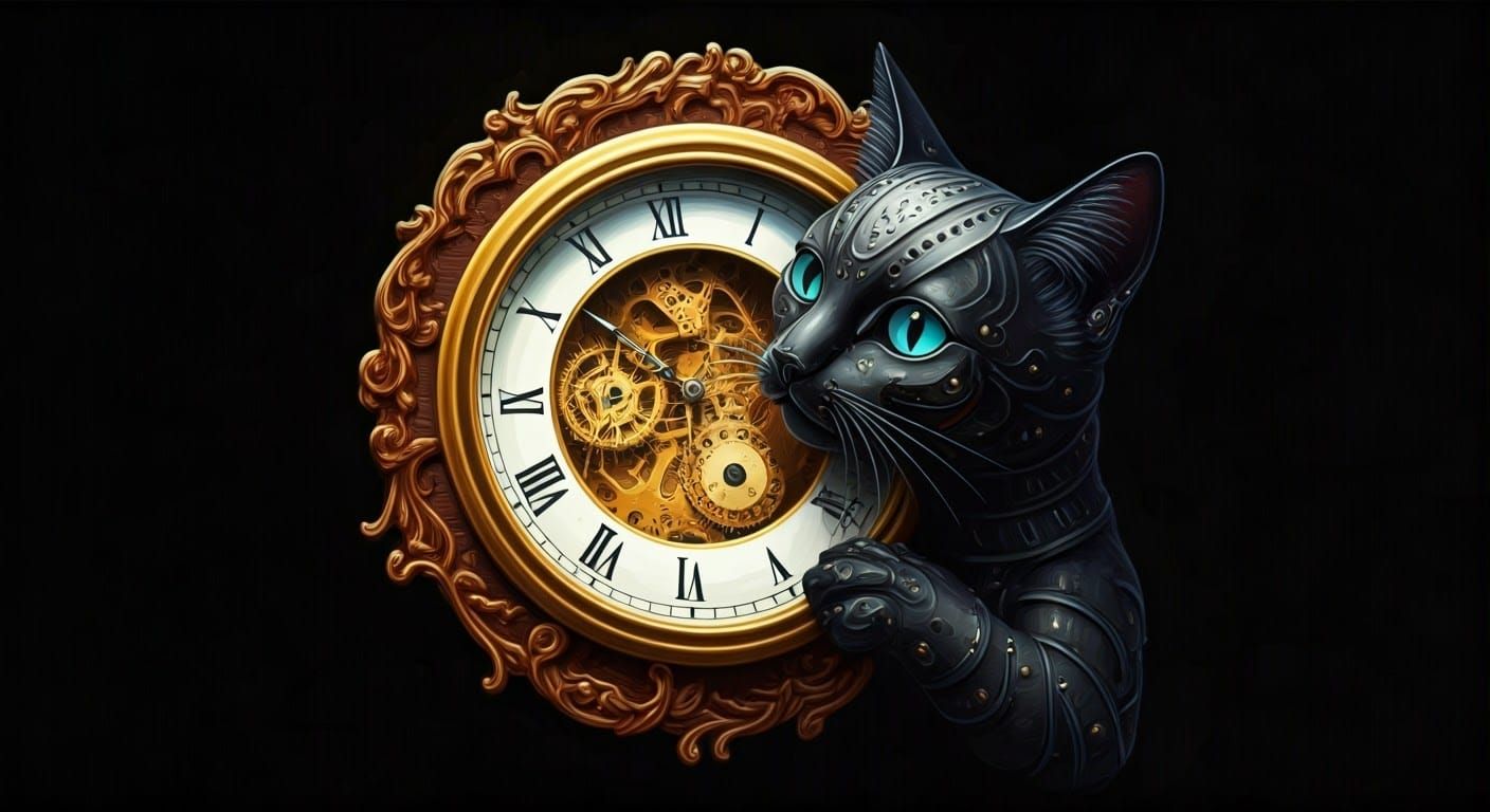 Clockwork Cat Swallowed by Time, Watercolor Art