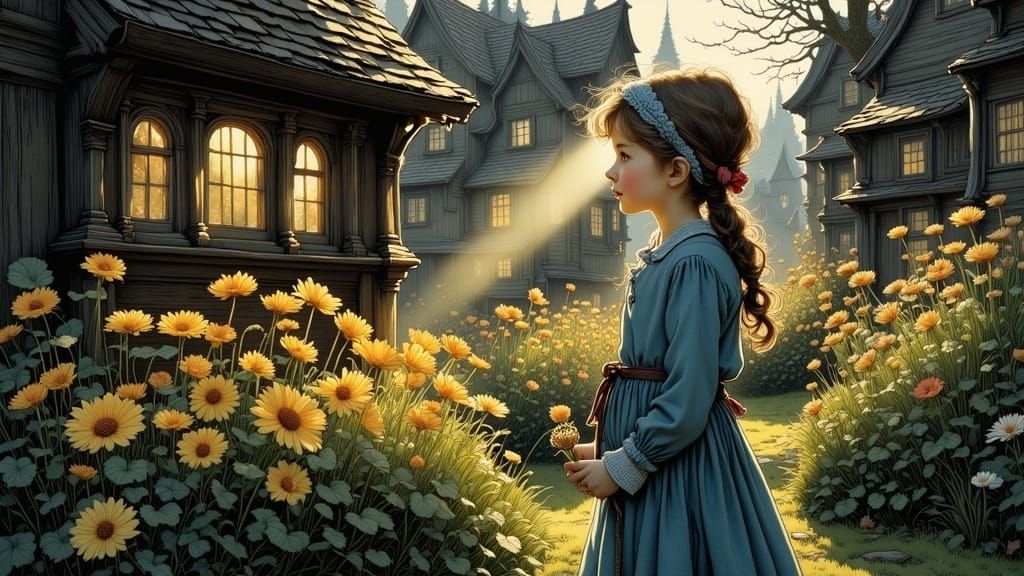 Whimsical Blooms in a Darkened Alleyway Scene, in Intricate...