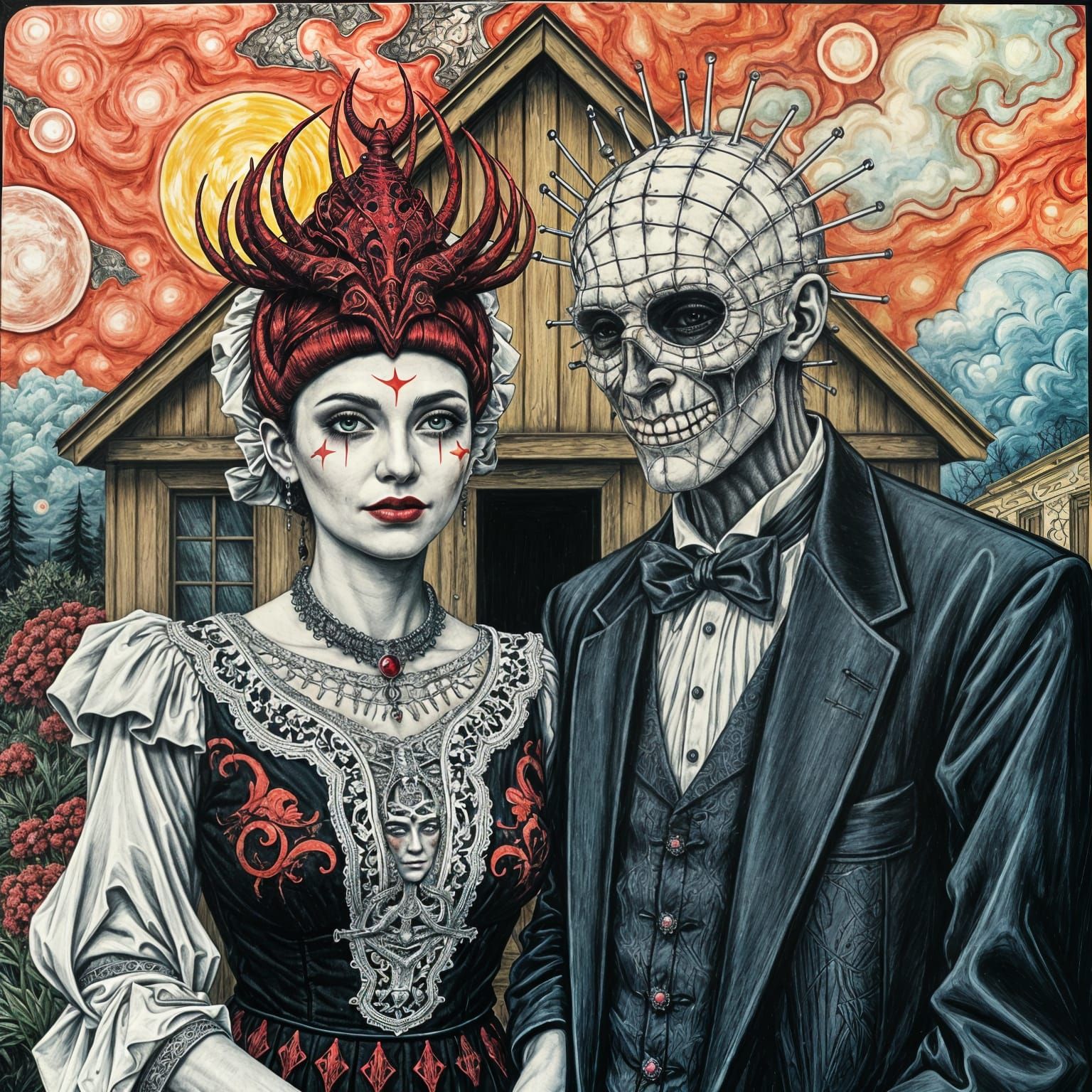Eerie Gothic Pinhead Couple in American Gothic Style
