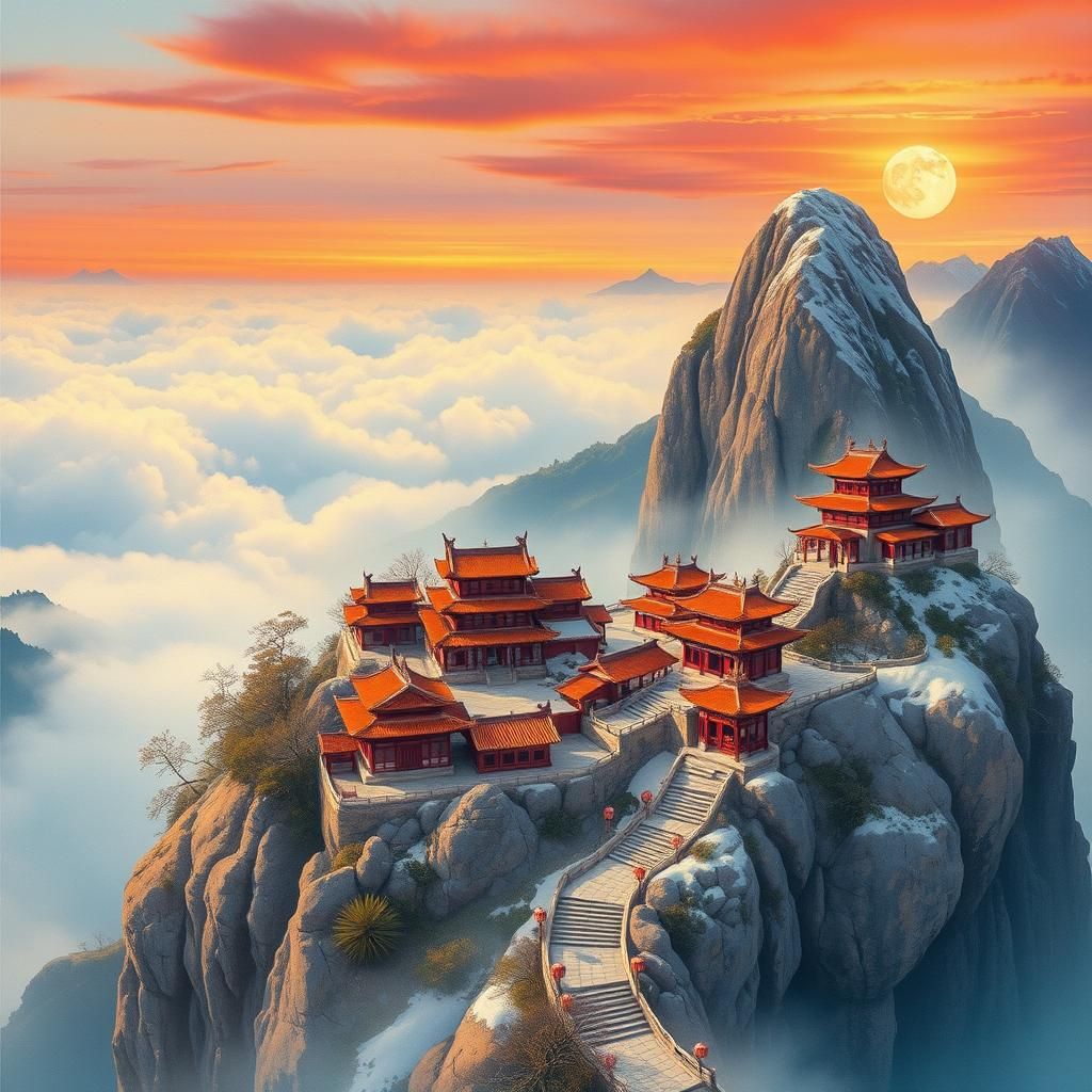 Serene Chinese Village Above the Clouds