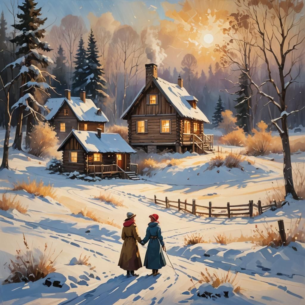 Impressionist Snow Women in Winter Landscape