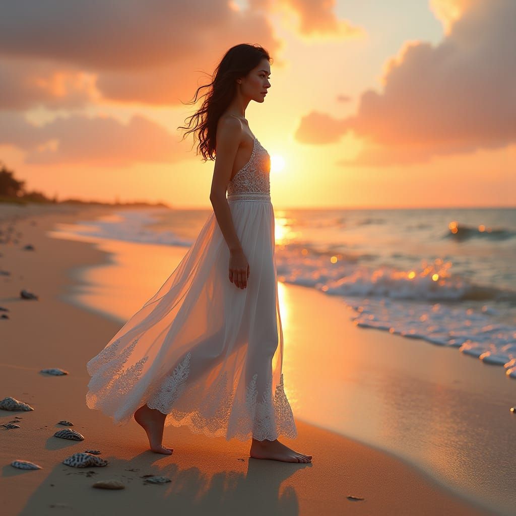 Woman in White Dress on Beach at Sunrise