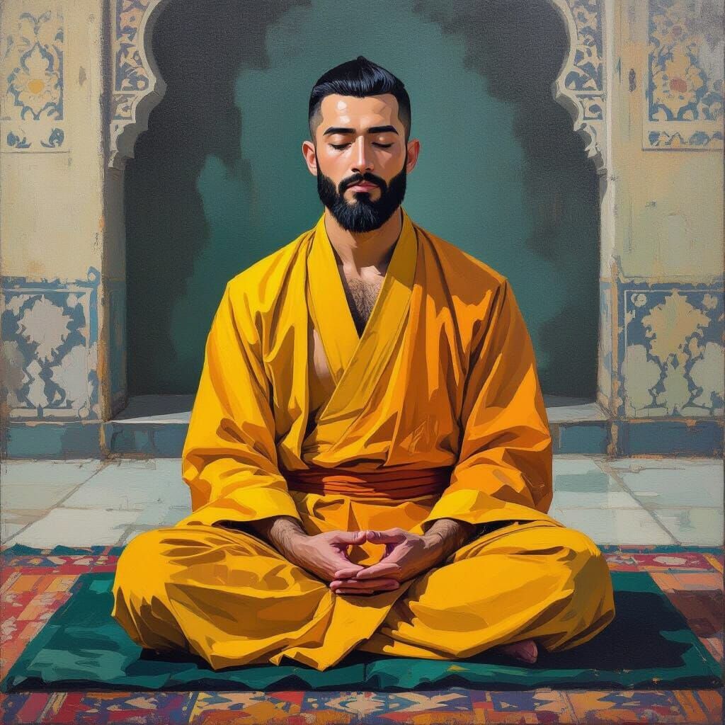 Serene Monk in Mosque, Neo-Impressionist Style