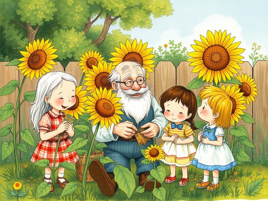 Whimsical Family Scene with Sunflowers
