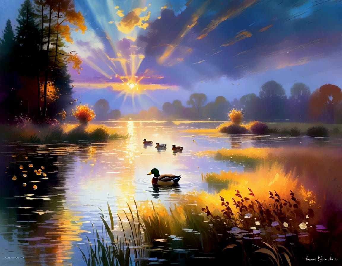 Impressionist Ducks on Golden Pond at Dusk