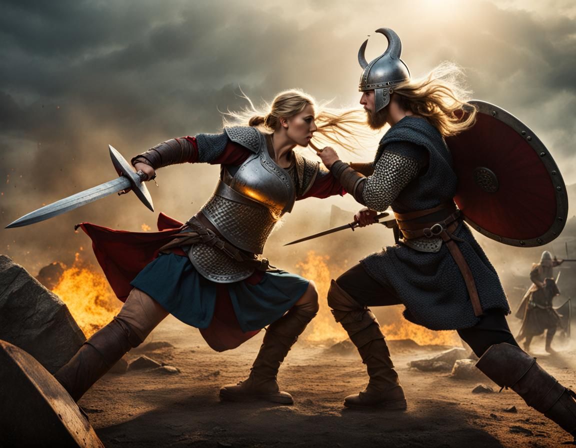 Viking Woman Warrior Battles Saxon