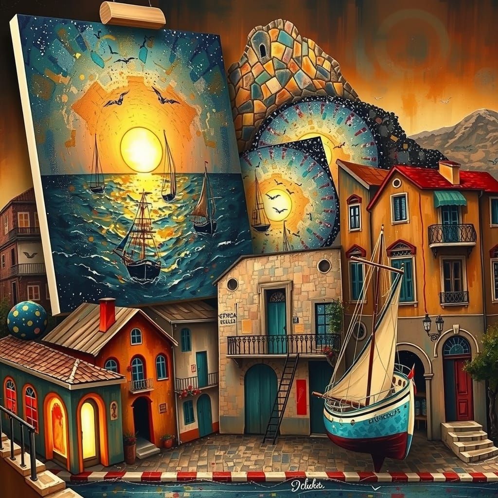 Amalfi Coast Architecture at Sunset in Expressive Art Nouvea...