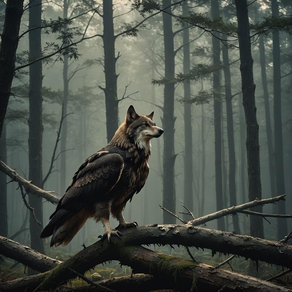Wolf-Eagle Hybrid in Misty Forest, Cinematic Still