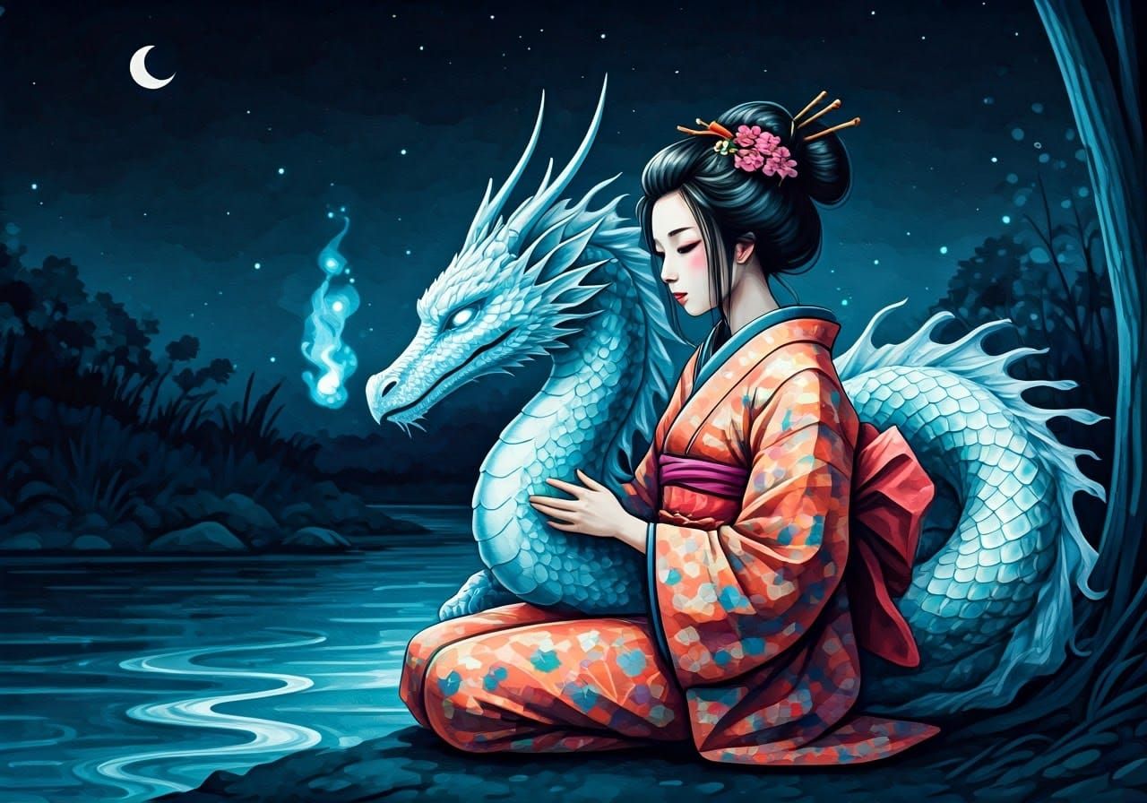 Geisha and Dragon in Anime Style