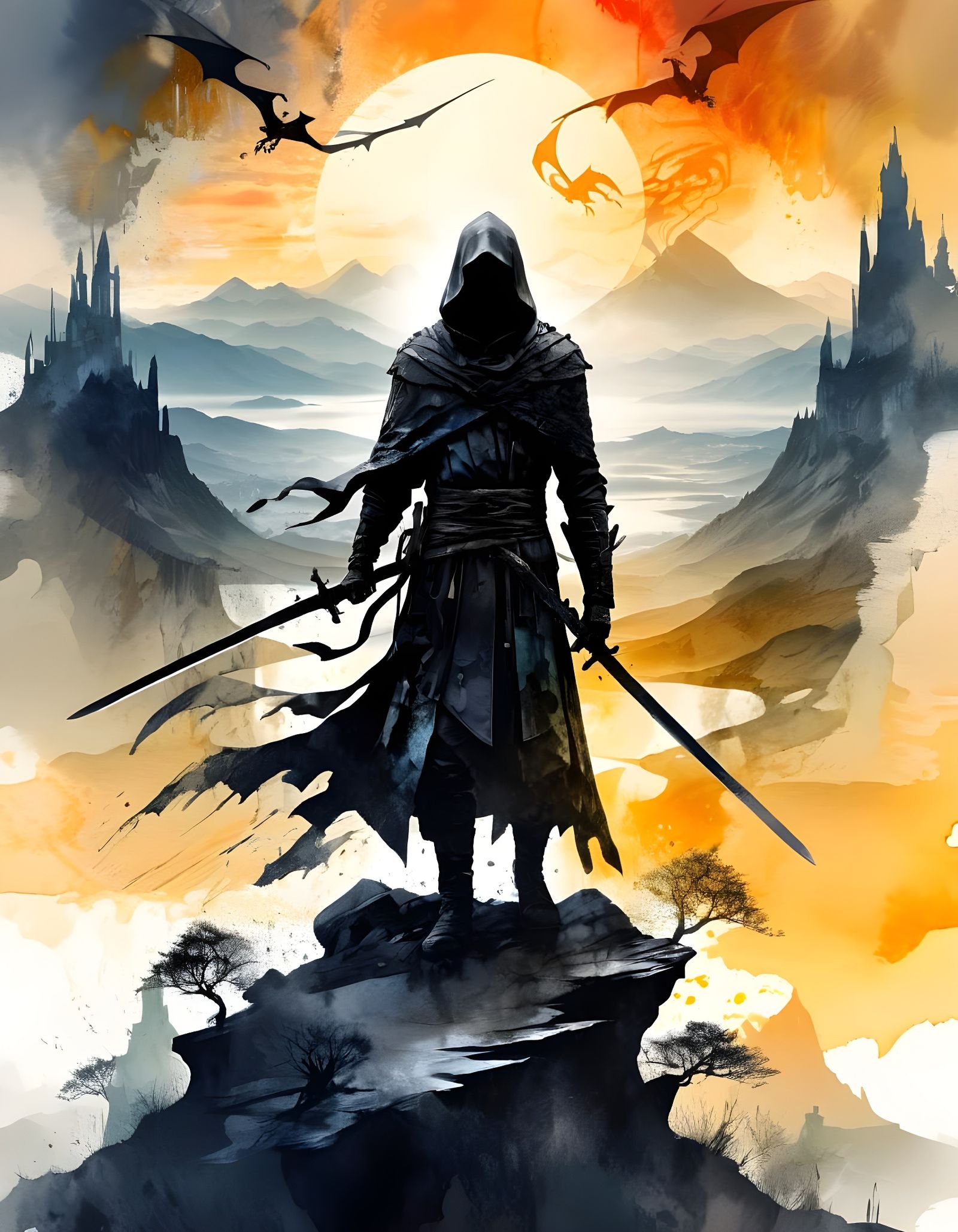 Surreal Fantasy Assassin in Mountain Sunrise