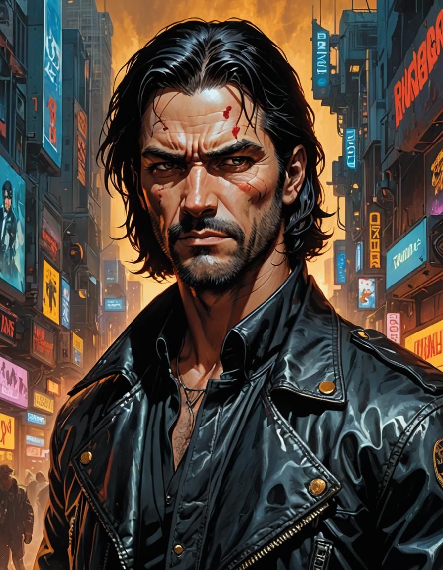 Bigby Wolf Cyberpunk Portrait in Comic Book Style