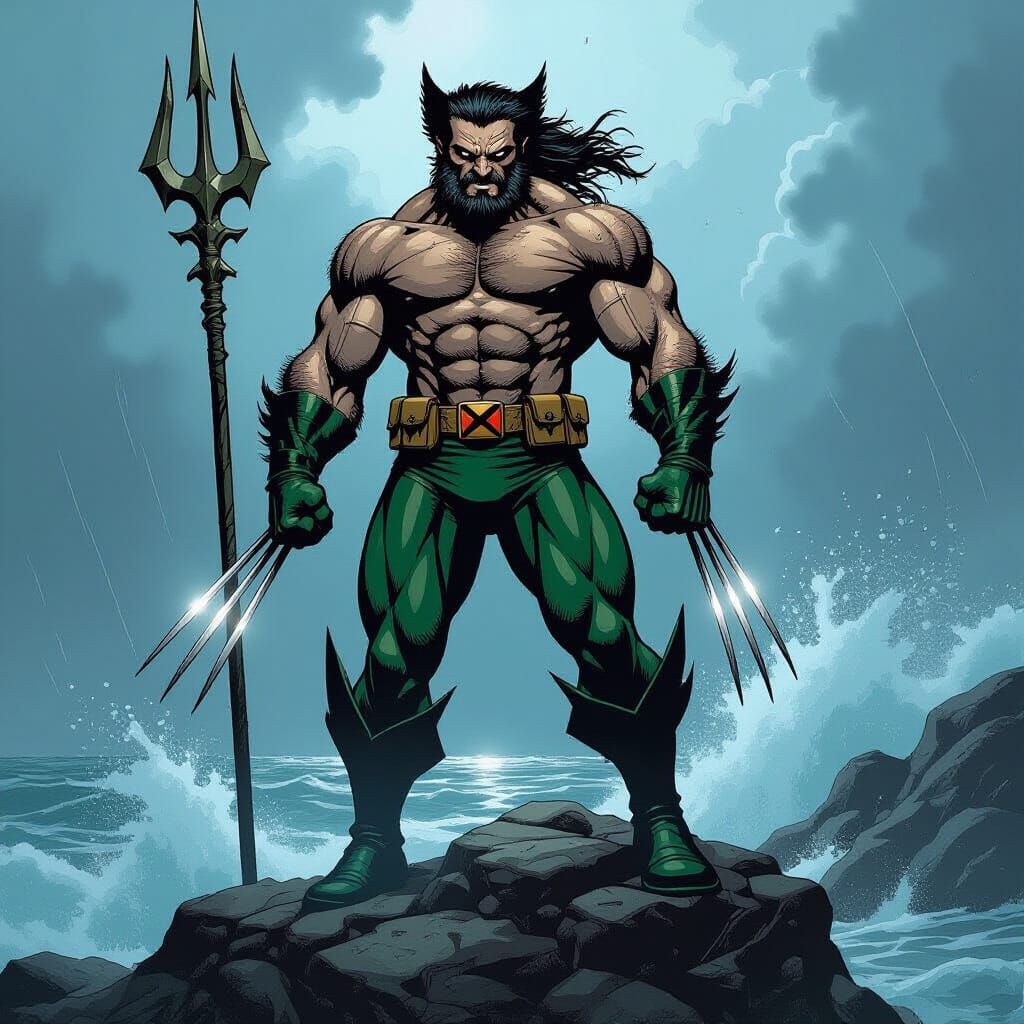 Wolverine Aquaman Hybrid in Dark Fantasy Comic Style