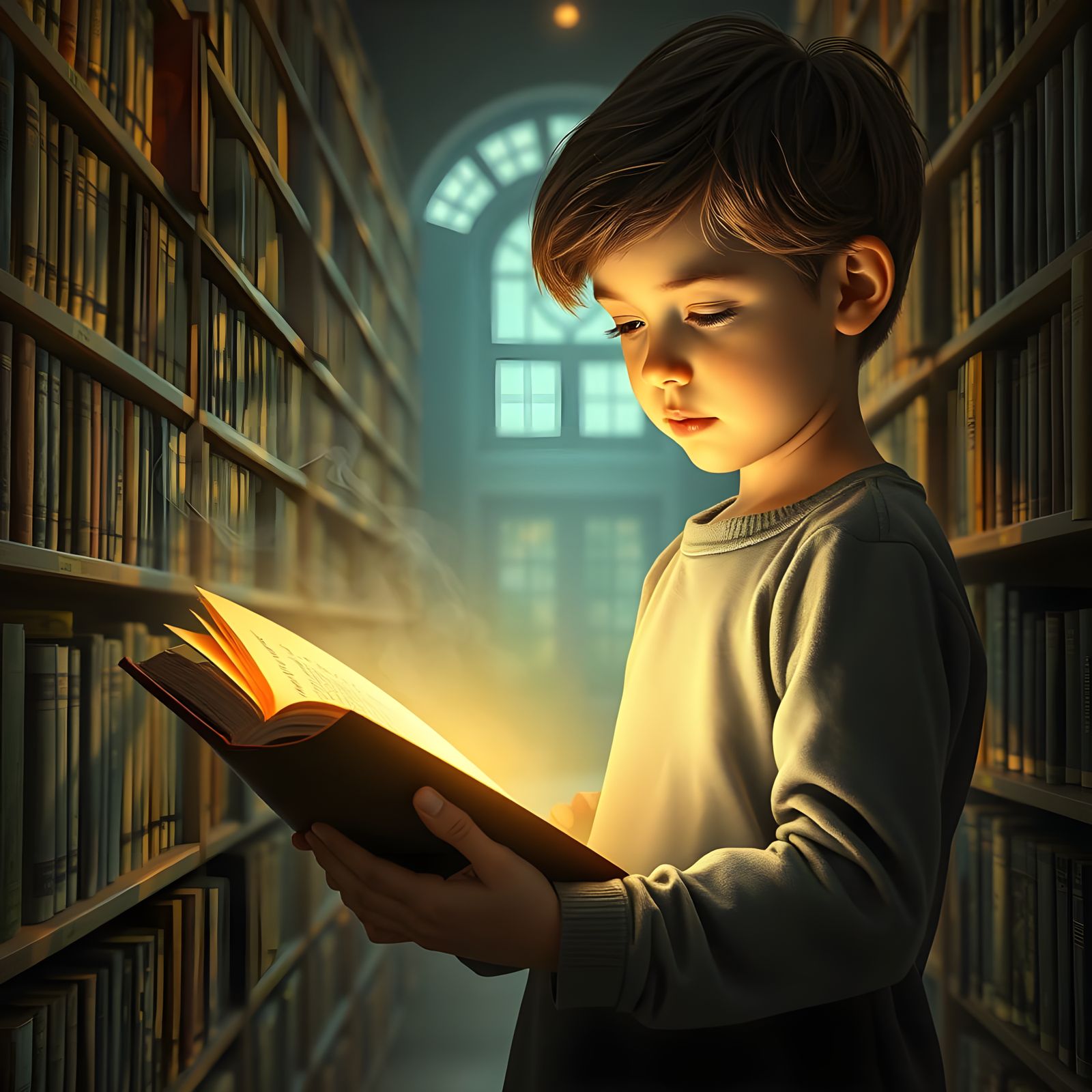 Child in Library Reads Glowing Book